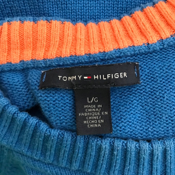 Y2K Tommy Hilfiger Cotton Blend Crewneck Sweater L Blue Orange White Long Sleeve - Picture 7 of 8
